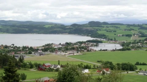 View to the rural landscape and Sorfolda fjord in Straumen, Norway. Stock Footage 59570163