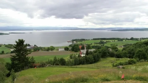 View to the rural landscape and Sorfolda fjord in Straumen, Norway. Video stock 59570182