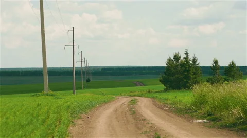 View of a rural road passing in the middle of a green field Stock Footage 104699783