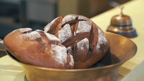 View of the Russian brown (black) bread in the bowl. Restaurant style business Stock Footage 127600055