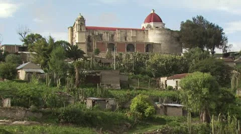 View of Rustic Hillside Buildings and a Large Church in the Background Stock-Footage 19317568