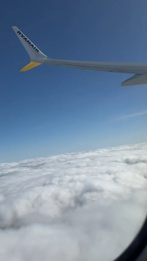 View from Ryanair airplane showing winglet and clear blue sky and white clouds Stock Footage 308241518