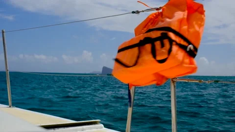 View of the safe jacket on the catamaran board Stock Footage 170066340