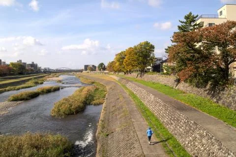 View of the Sai River from the Shinbashi Bridge. Kanazawa, Japan, November 2019 Stock Photos