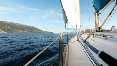 View on sailboat bow, tilted by the wind Stock Footage 220426425
