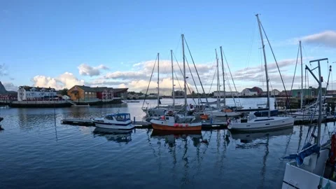 View of sailboat masts and yachts moored in Svolvaer marina Lofoten Stock-Footage 343834188