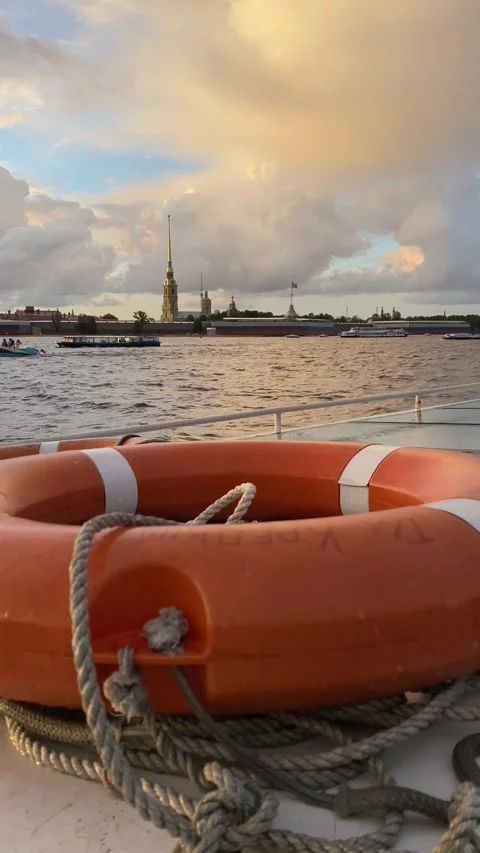 View from the sailing boat at the Cathedral of the Peter and Paul Fortress Stock Footage 282382889