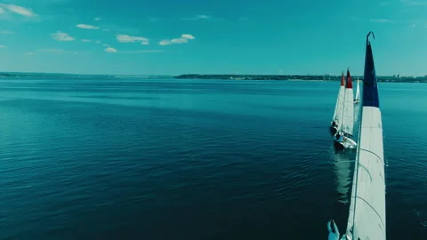 View of the sailing regatta from a height. backdrop of clear skies, green coast. Stock Footage 160473725