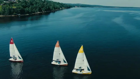 View of the sailing regatta from a height. backdrop of clear skies, green coast. Stock Footage 160474684