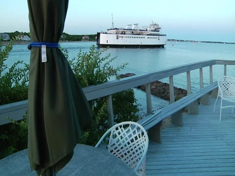View Of Sailing Ship From Patio Stock Footage 1089118