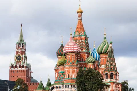 View of Saint Basil Cathedral and Spasskaya Tower Stock Photos
