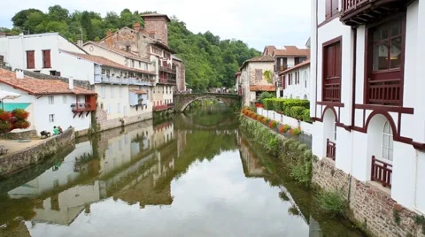 View of Saint-Jean-Pied-de-Port and the Nive River Stock Footage 54419627