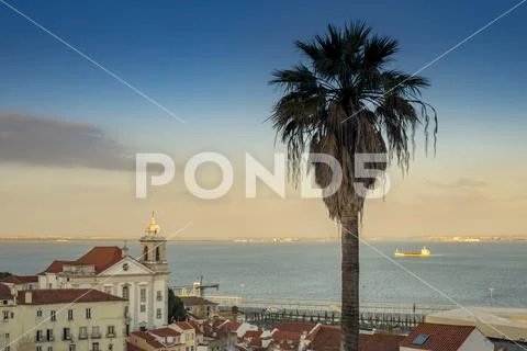 View of Saint Stephen Church and the city of Alfama, Portugal Stock Photos