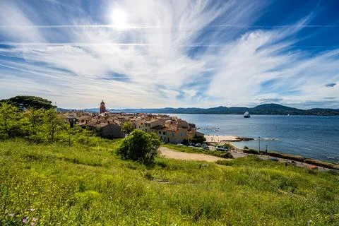 View to Saint-Tropez with grass in front Stock Photos