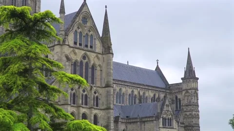 A view of Salisbury Cathedral’s Gothic architecture framed by lush Stock Footage 284210819