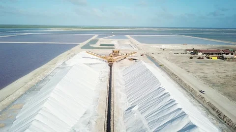 View of a salt flat factory besides the sea - Drone Shot of salt extraction Video stock 107138797