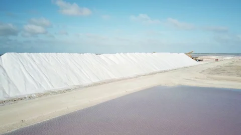 View of a salt flat factory besides the sea - Drone Shot of salt extraction Video stock 107138798