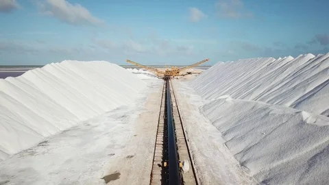 View of a salt flat factory besides the sea - Drone Shot of salt extraction Video stock 107138806