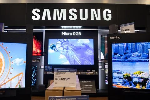 View of Samsung television display inside electronics store. Toronto, Canada - Stock Photos