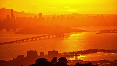 View of the San Francisco skyline and Bay Bridge, United States. Video stock 341454886