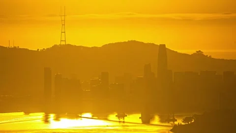 View of the San Francisco skyline at sunset, United States. Video stock 341454589