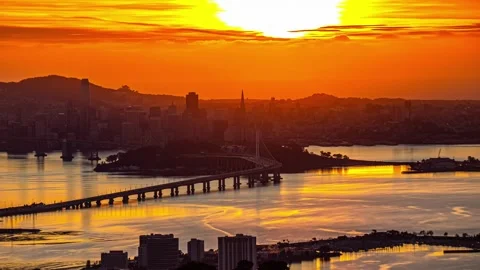 View of San Francisco skyline at sunset, United States. Видео 341454618