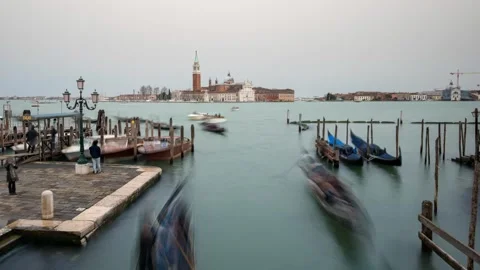 View of San Giorgio Maggiore and gondolas in Venice, Italy. Stock Footage 339916265
