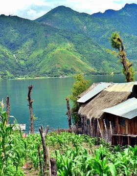 View of San Pedro La Laguna on edge of lake Atitlan, Guatemala Stock Photos