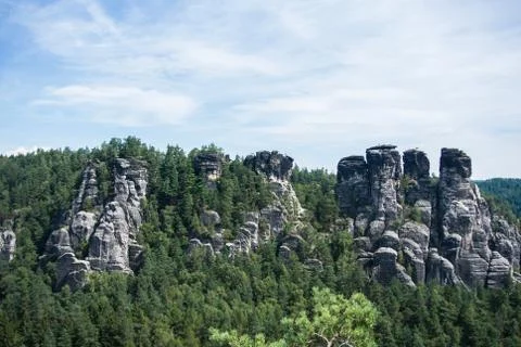 A view to sandstone mountains from Bastei Bridge at Bastei, Kurort Rathen, .. Stock Photos