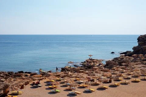 View of sandy beach in Greece Rhodes Stock Photos