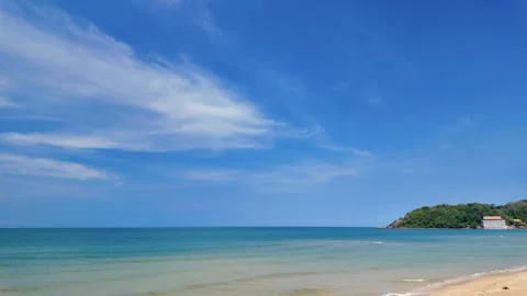 View of sandy beach, sea and sky in summer Stock Footage 274834146