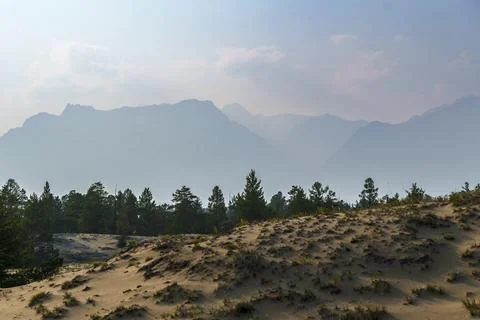 View of a sandy plateau surrounded by forest and mountains Stock Photos