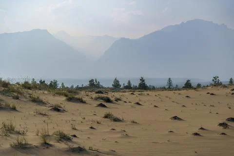 View of a sandy plateau surrounded by forest and mountains Foto stock