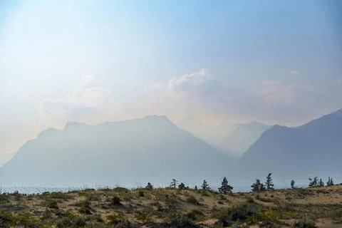 View of a sandy plateau surrounded by forest and mountains Stock Photos