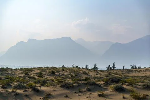 View of a sandy plateau surrounded by forest and mountains Stock Photos