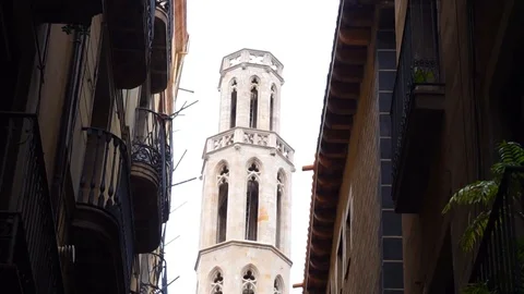 A view of Santa Maria del Mar's bell tower  Stock Footage 95960657