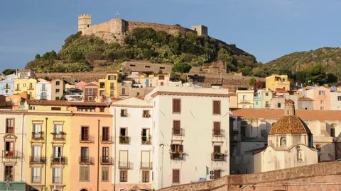 View of sardinian city Bosa Stock Footage 86242002