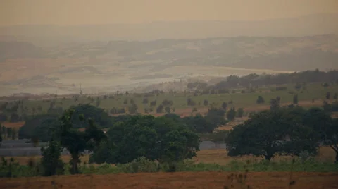 View of savannah. Trees and bushes. Hills in the mist in the background. Stock Footage 37826037