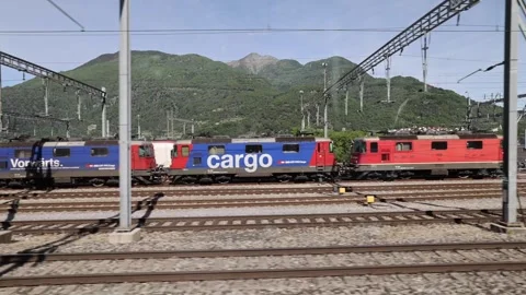 View of SBB Cargo trains on tracks in Lugano, Switzerland. Stock-Footage 344420327