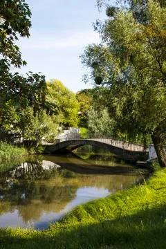 View of the scene of a small bridge over a forest river Stock Photos