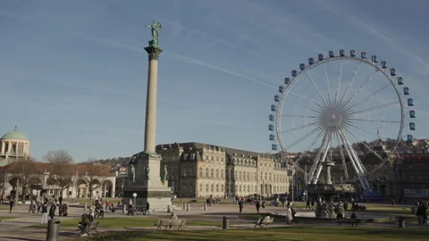 View of Schlossplatz in Stuttgart, Germany, featuring the Jubilee Column Stock Footage 340333280
