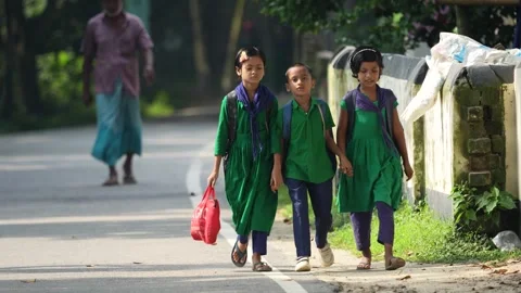 View of school children walking on a rural road in Bogura, Bangladesh. Video stock 334976505