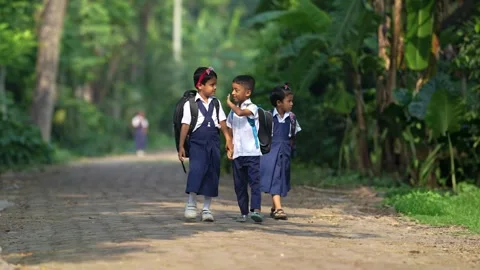 View of school children walking on a rural road in Bogura, Bangladesh. Video stock 335585767