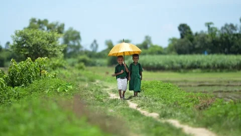 View of school children walking with an umbrella in Bogura, Bangladesh. Vídeos de archivo 335585152