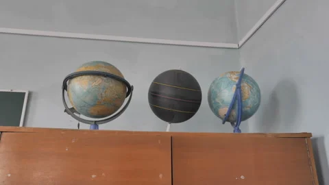 View Of School Globes On The Table Stock Footage 257202884