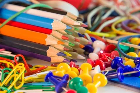 View of a school objects, colored and thematic tools Stock Photos
