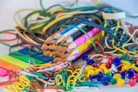 View of a school objects, colored and thematic tools 写真素材