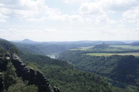 View from the Schrammsteine rocks to the Elbe river and Zirkelstein mountain Stock Photos