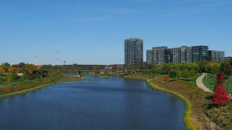 View of the Scioto river in downtown Columbus Ohio including the North Bank Stock Footage 218556230