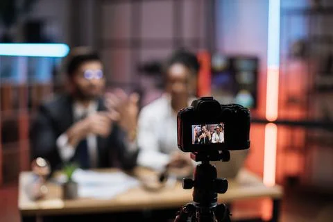 View from screen of camera with diverse colleagues 스톡 사진